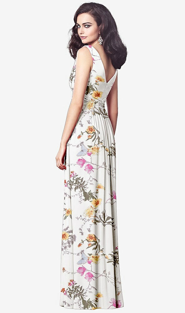 Back View - Butterfly Botanica Ivory Draped V-Neck Shirred Chiffon Maxi Dress