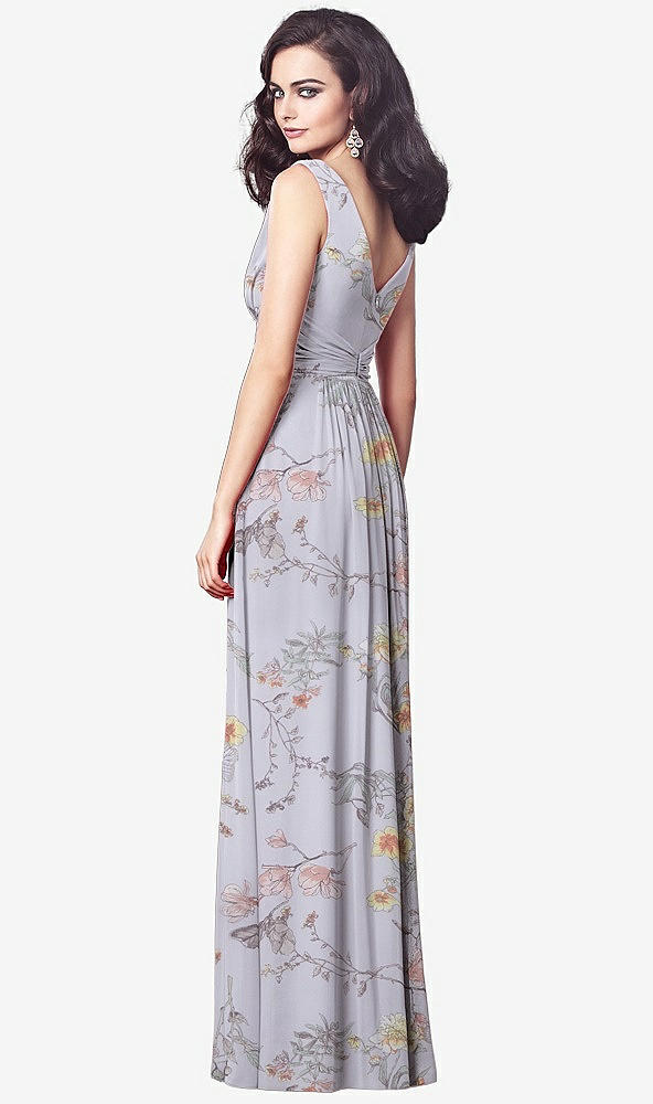 Back View - Butterfly Botanica Silver Dove Draped V-Neck Shirred Chiffon Maxi Dress