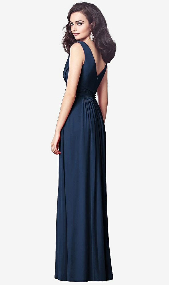 Back View - Midnight Navy Draped V-Neck Shirred Chiffon Maxi Dress