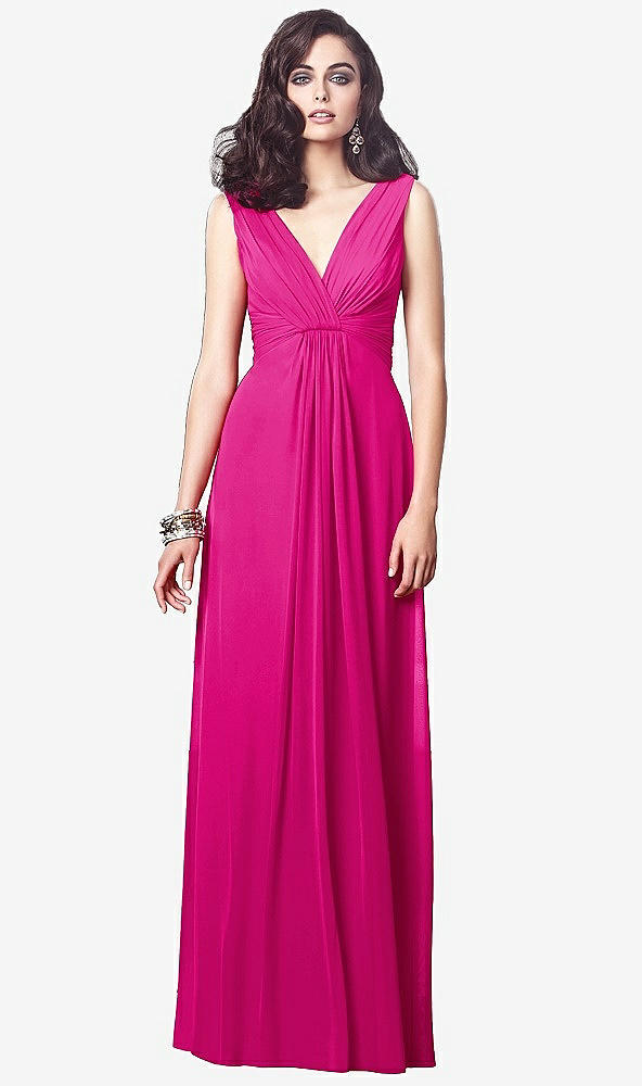 Front View - Think Pink Draped V-Neck Shirred Chiffon Maxi Dress