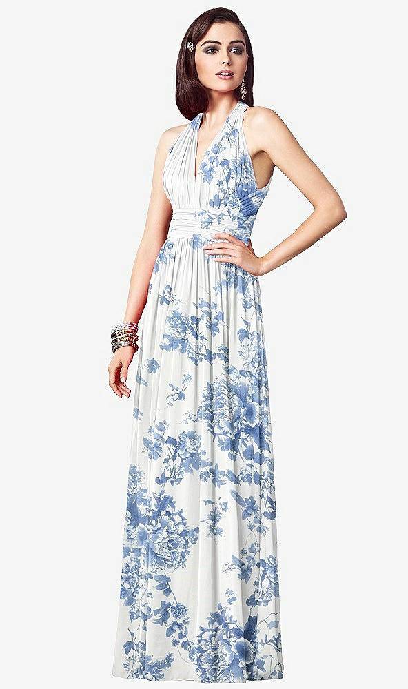 Front View - Cottage Rose Dusk Blue Ruched Halter Open-Back Maxi Dress - Jada