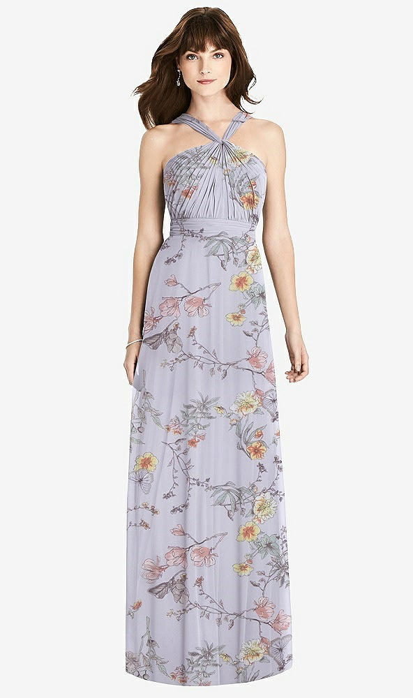 Front View - Butterfly Botanica Silver Dove Twist Halter Chiffon Maxi Dress - James