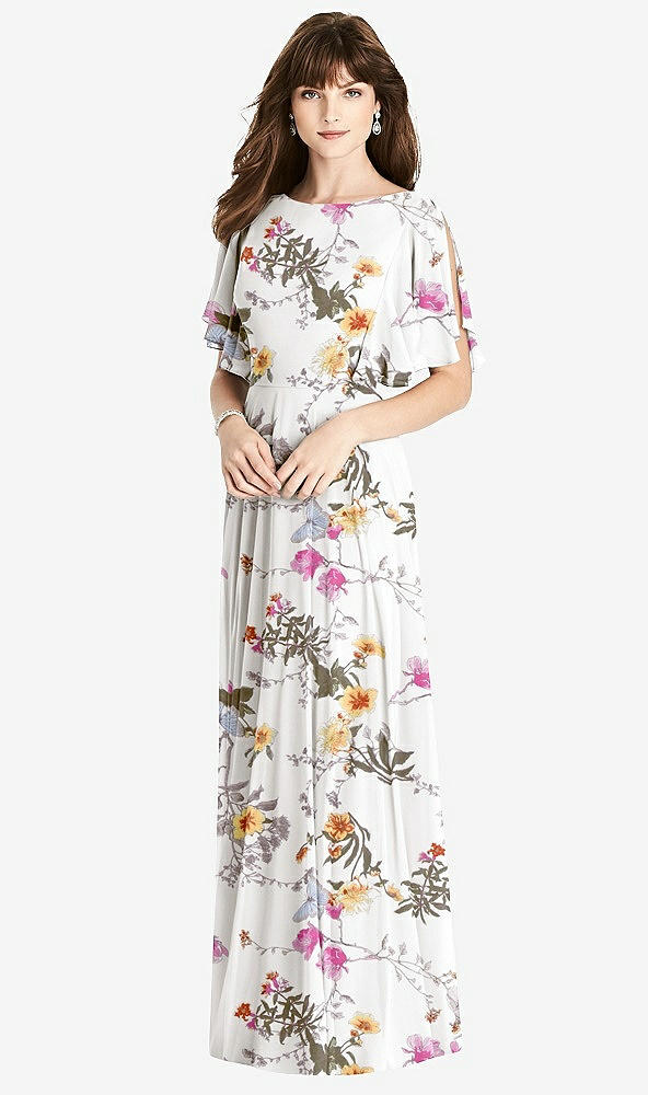 Back View - Butterfly Botanica Ivory Split Sleeve Backless Maxi Dress - Lila