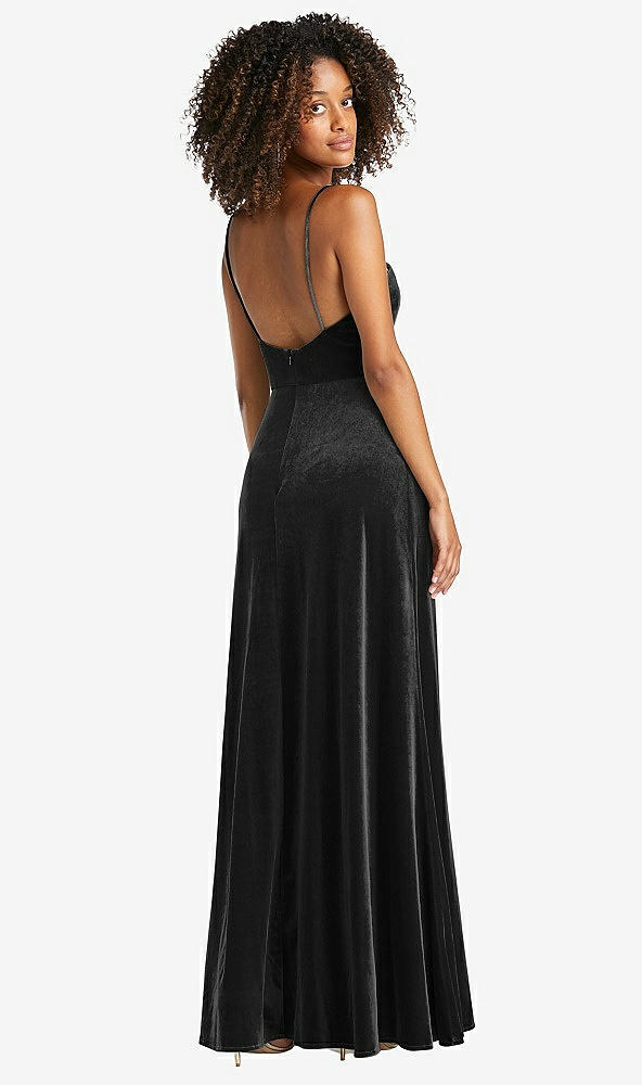 Back View - Black Square Neck Velvet Maxi Dress with Front Slit - Drew