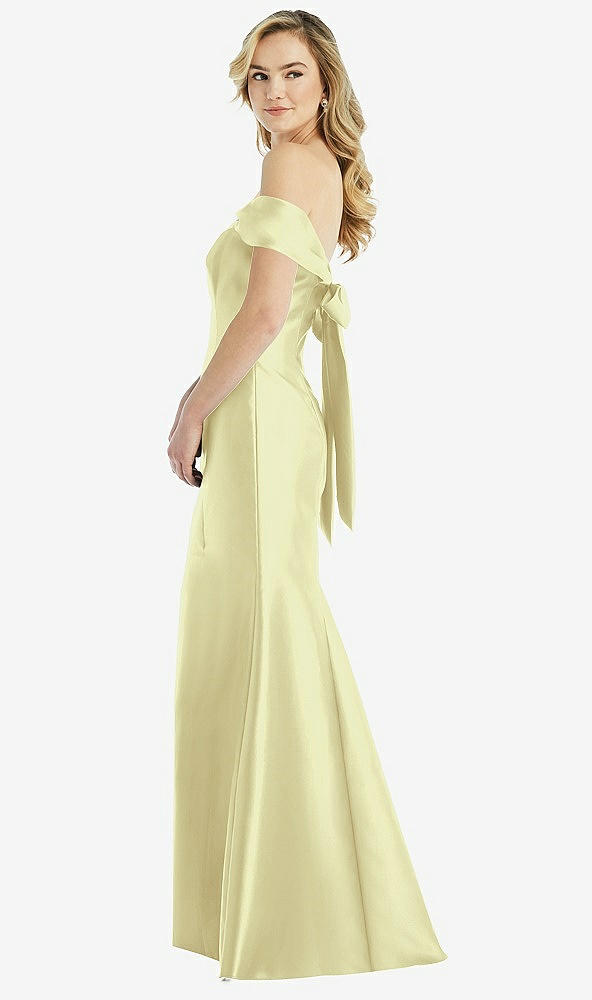 Front View - Butter Yellow Off-the-Shoulder Bow-Back Satin Trumpet Gown