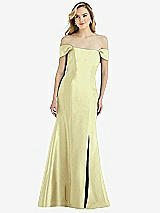 Side View Thumbnail - Butter Yellow Off-the-Shoulder Bow-Back Satin Trumpet Gown