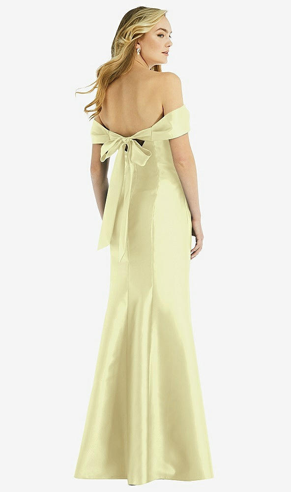 Back View - Butter Yellow Off-the-Shoulder Bow-Back Satin Trumpet Gown