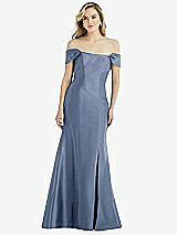 Side View Thumbnail - Larkspur Blue Off-the-Shoulder Bow-Back Satin Trumpet Gown