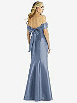 Rear View Thumbnail - Larkspur Blue Off-the-Shoulder Bow-Back Satin Trumpet Gown