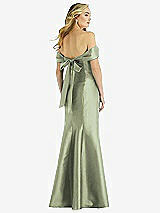 Rear View Thumbnail - Sage Off-the-Shoulder Bow-Back Satin Trumpet Gown