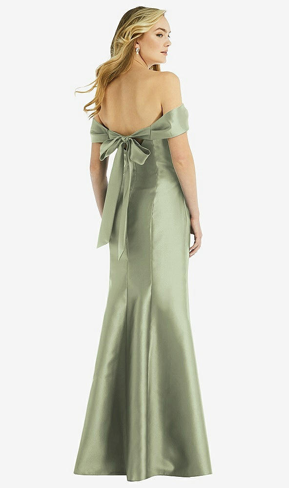 Back View - Sage Off-the-Shoulder Bow-Back Satin Trumpet Gown