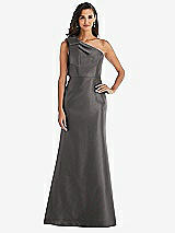 Alt View 1 Thumbnail - Caviar Gray Bow One-Shoulder Satin Trumpet Gown