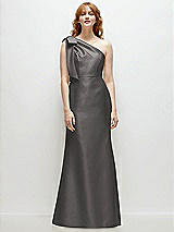 Front View Thumbnail - Caviar Gray Bow One-Shoulder Satin Trumpet Gown