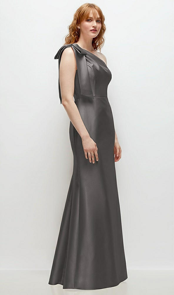 Back View - Caviar Gray Bow One-Shoulder Satin Trumpet Gown