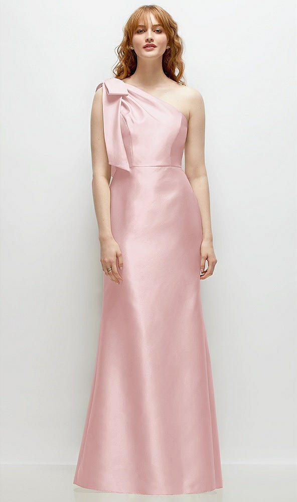 Front View - Ballet Pink Bow One-Shoulder Satin Trumpet Gown