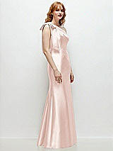 Rear View Thumbnail - Blush Bow One-Shoulder Satin Trumpet Gown