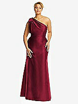 Alt View 4 Thumbnail - Burgundy Bow One-Shoulder Satin Trumpet Gown