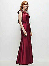 Rear View Thumbnail - Burgundy Bow One-Shoulder Satin Trumpet Gown