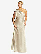 Alt View 4 Thumbnail - Champagne Bow One-Shoulder Satin Trumpet Gown