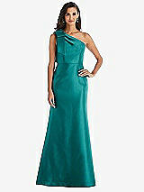 Alt View 1 Thumbnail - Jade Bow One-Shoulder Satin Trumpet Gown