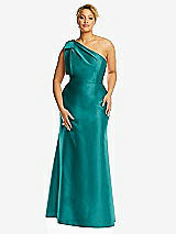 Alt View 4 Thumbnail - Jade Bow One-Shoulder Satin Trumpet Gown