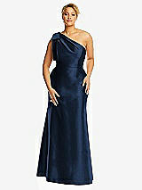 Alt View 4 Thumbnail - Midnight Navy Bow One-Shoulder Satin Trumpet Gown