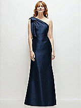 Front View Thumbnail - Midnight Navy Bow One-Shoulder Satin Trumpet Gown