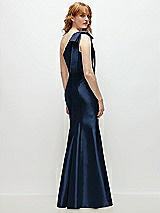 Side View Thumbnail - Midnight Navy Bow One-Shoulder Satin Trumpet Gown