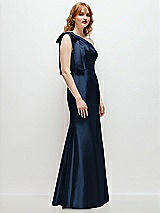 Rear View Thumbnail - Midnight Navy Bow One-Shoulder Satin Trumpet Gown