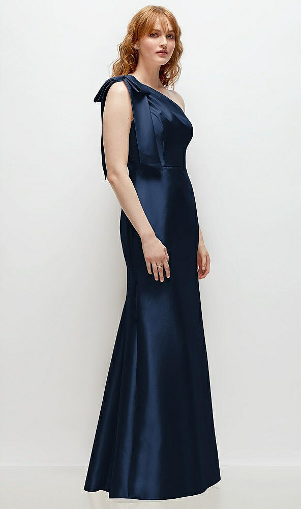 Back View - Midnight Navy Bow One-Shoulder Satin Trumpet Gown