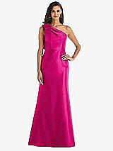 Alt View 1 Thumbnail - Think Pink Bow One-Shoulder Satin Trumpet Gown