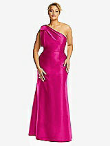 Alt View 4 Thumbnail - Think Pink Bow One-Shoulder Satin Trumpet Gown