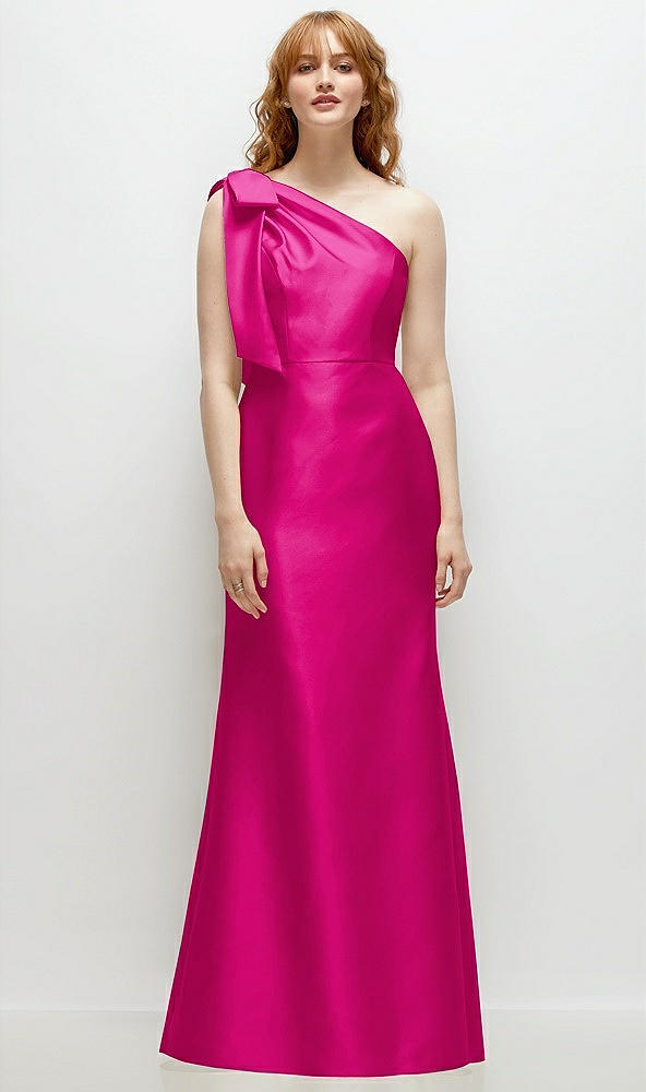 Front View - Think Pink Bow One-Shoulder Satin Trumpet Gown