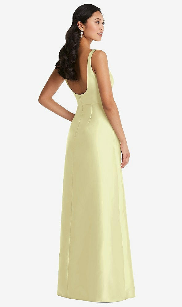 Back View - Butter Yellow Pleated Bodice Open-Back Maxi Dress with Pockets