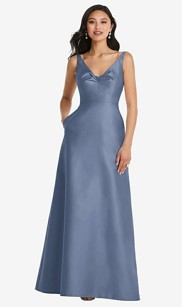 Front View - Larkspur Blue Pleated Bodice Open-Back Maxi Dress with Pockets