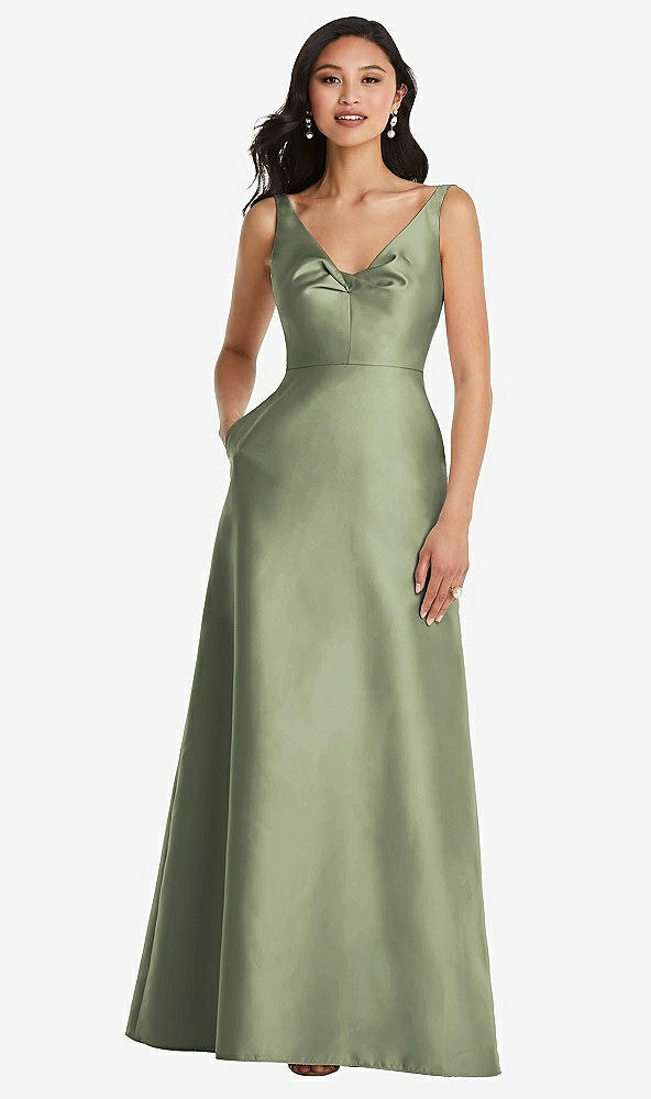 Front View - Sage Pleated Bodice Open-Back Maxi Dress with Pockets