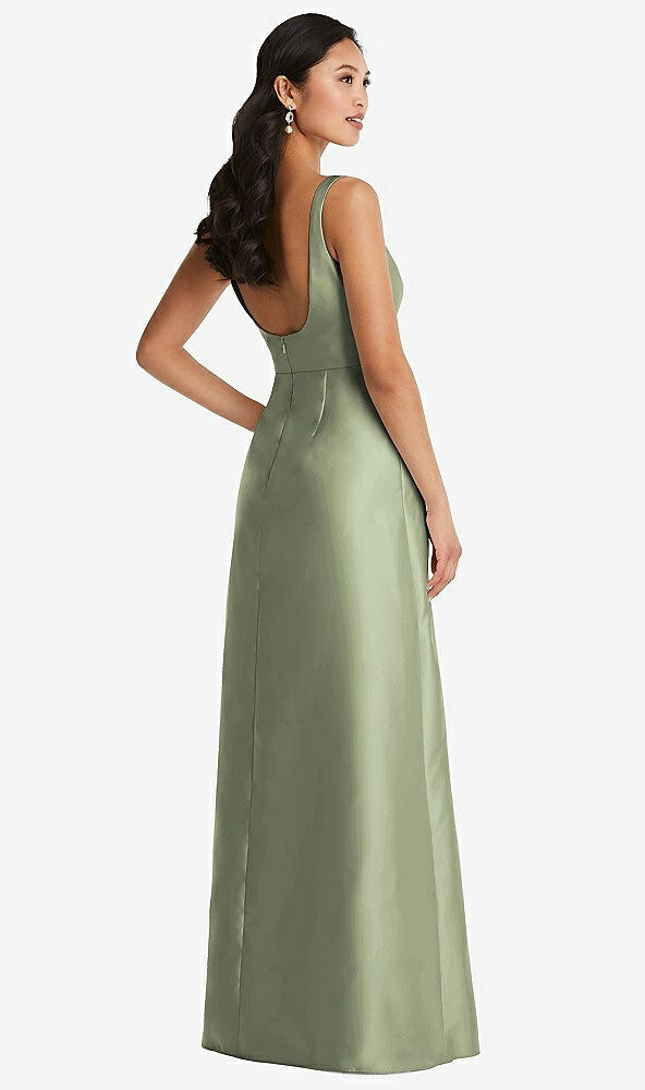 Back View - Sage Pleated Bodice Open-Back Maxi Dress with Pockets