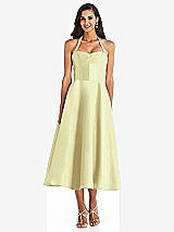 Front View Thumbnail - Butter Yellow Tie-Neck Halter Full Skirt Satin Midi Dress