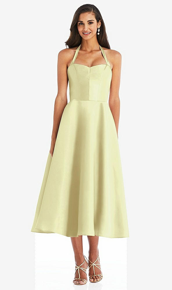 Front View - Butter Yellow Tie-Neck Halter Full Skirt Satin Midi Dress