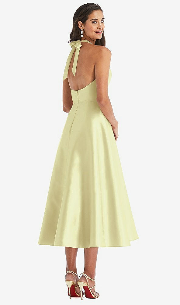 Back View - Butter Yellow Tie-Neck Halter Full Skirt Satin Midi Dress