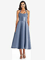 Front View Thumbnail - Larkspur Blue Tie-Neck Halter Full Skirt Satin Midi Dress