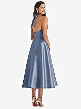 Rear View Thumbnail - Larkspur Blue Tie-Neck Halter Full Skirt Satin Midi Dress