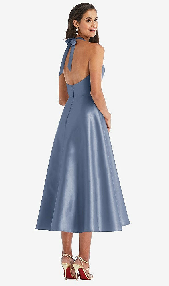 Back View - Larkspur Blue Tie-Neck Halter Full Skirt Satin Midi Dress