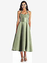 Front View Thumbnail - Sage Tie-Neck Halter Full Skirt Satin Midi Dress