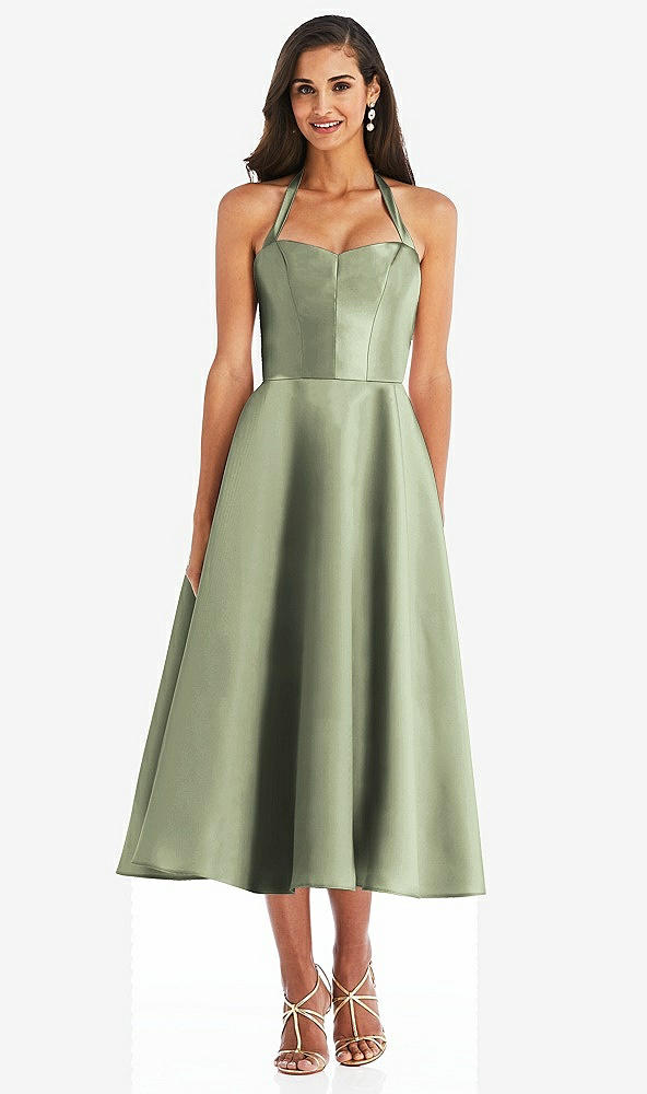 Front View - Sage Tie-Neck Halter Full Skirt Satin Midi Dress