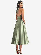 Rear View Thumbnail - Sage Tie-Neck Halter Full Skirt Satin Midi Dress