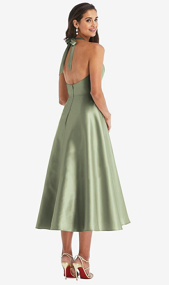 Back View - Sage Tie-Neck Halter Full Skirt Satin Midi Dress