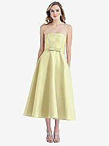 Front View Thumbnail - Butter Yellow Strapless Bow-Waist Full Skirt Satin Midi Dress