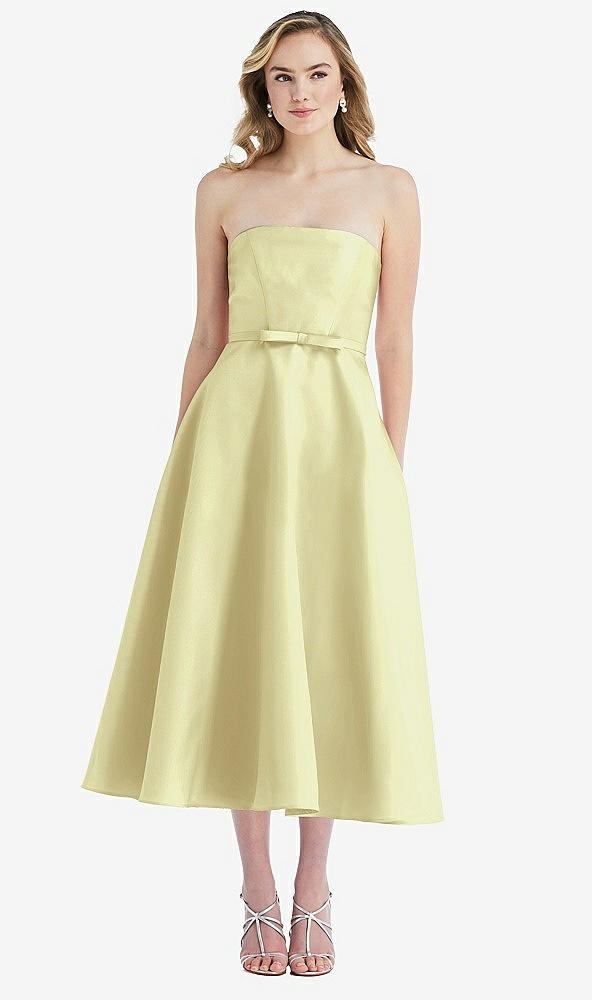 Front View - Butter Yellow Strapless Bow-Waist Full Skirt Satin Midi Dress