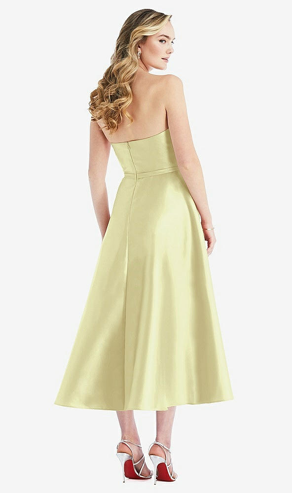 Back View - Butter Yellow Strapless Bow-Waist Full Skirt Satin Midi Dress